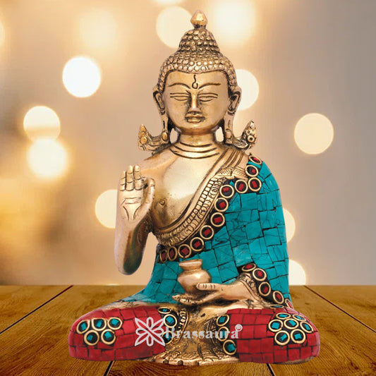 Brass Blessing Gem Stone Work Buddha Weight 1.3 kg & Height 6 Inch