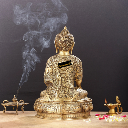 Brassaura™ Handcrafted Pure Brass Buddha Statue with Engraved Life Story – Height 15 Inches & Weight 7.8 Kgs