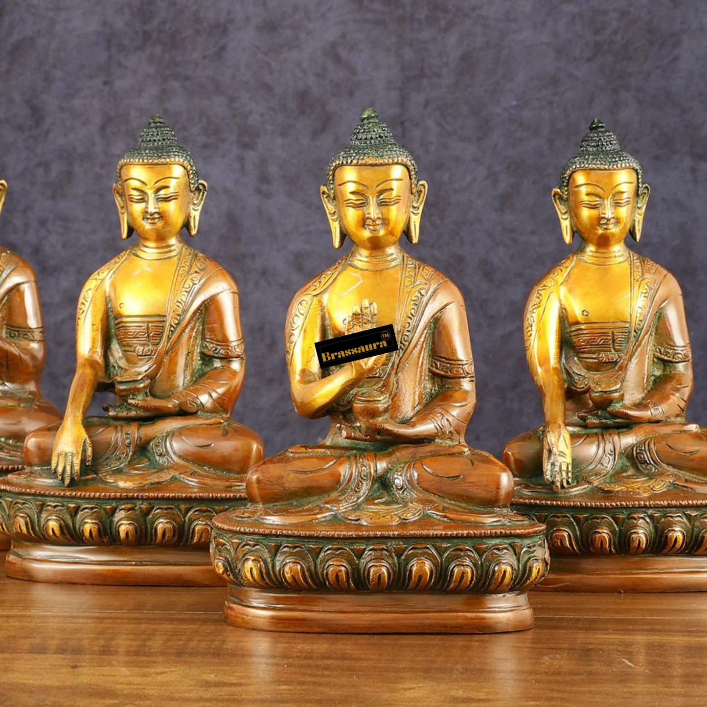 Brassaura™ Brass Set of 5 Dhyani Buddha Statues – Height 8 Inches Each, Total Weight 8.82 Kgs