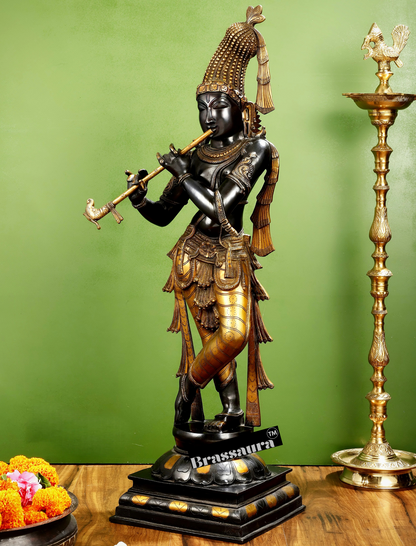 Brassaura™ Superfine Brass Krishna Murlidhar Idol – Height 36 Inches & Weight 27 Kgs | Black Antique Finish