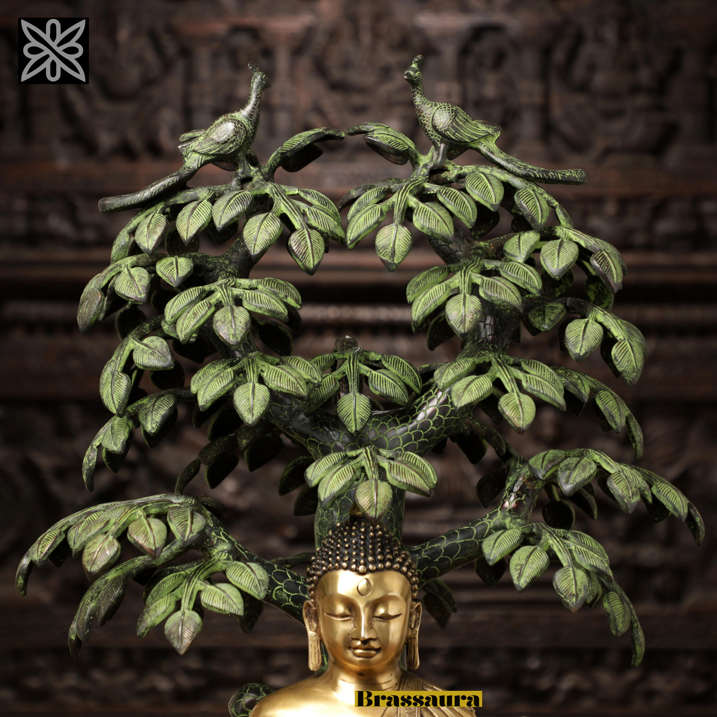 Brassaura™ Brass Buddha Statue in Bhumisparsha Mudra under Bodhisattva Tree – Height 30 Inches | Weight 37.12 Kgs | Golden & Green Finish