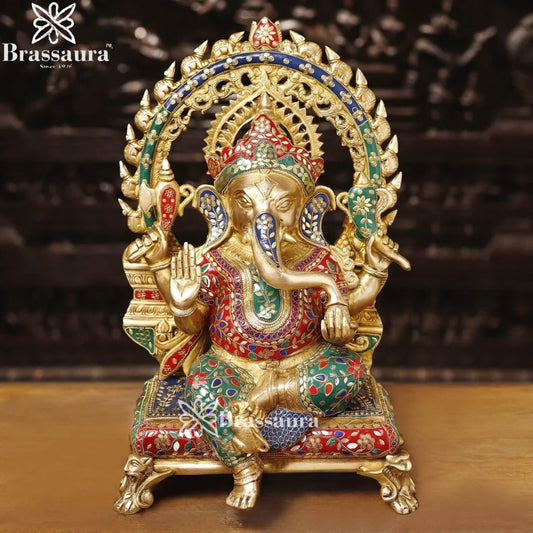 Brass Gem Stone Work Ring Ganesha Weight 19.6 Kg & Height 20 Inch