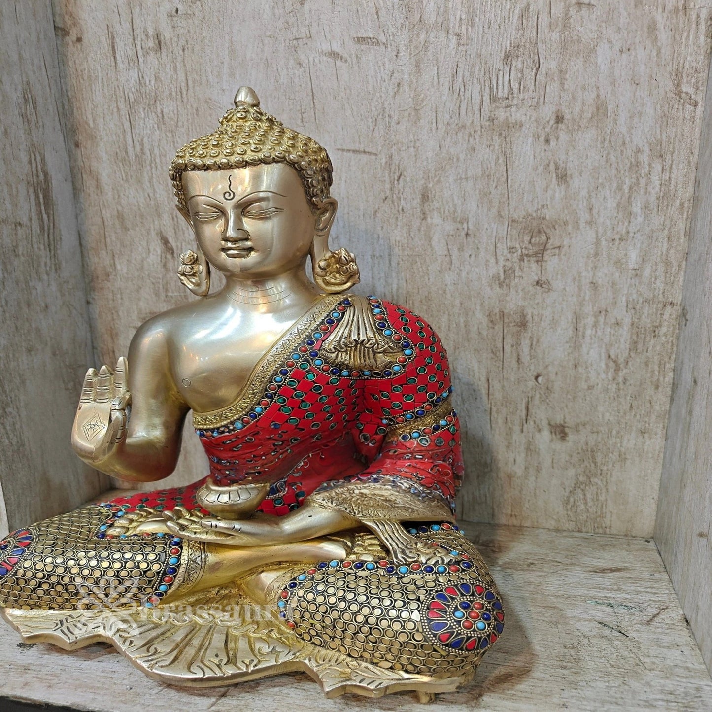 Brass Blessing Gem Stone Work Buddha Weight 10.5 kg & Height 16 Inch