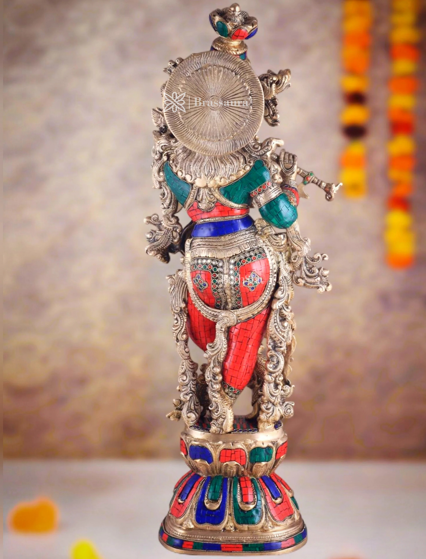 Brassaura™ Pure Brass Lord Krishna Statue with Stonework – Height 30 Inches & Weight 17.5 Kgs