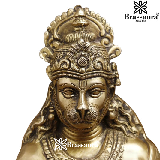 Brassaura® Hanuman Kneeling Blessing Pose Idol with Golden Finish | Pure Superfine Brass Handcrafted Murti | Brass Statue for Home Temple, Pooja Room | Height 9 Inches | Weight 3.3 Kgs