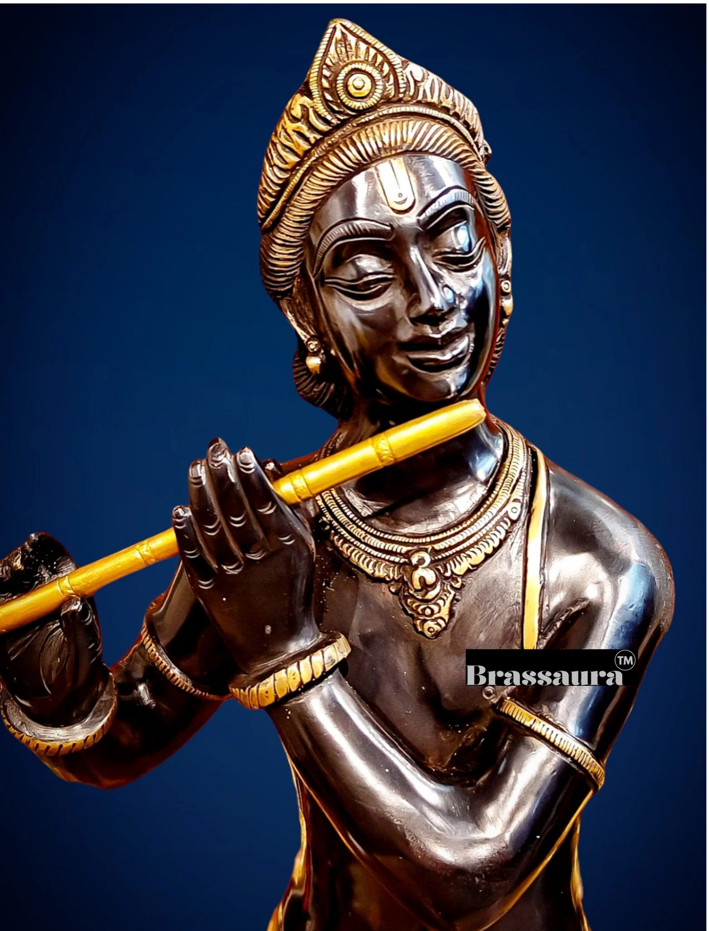 Brassaura™ Krishna Murlidhar Brass Idol – Height 29 Inches & Weight 18 Kgs | Black & Gold Finish