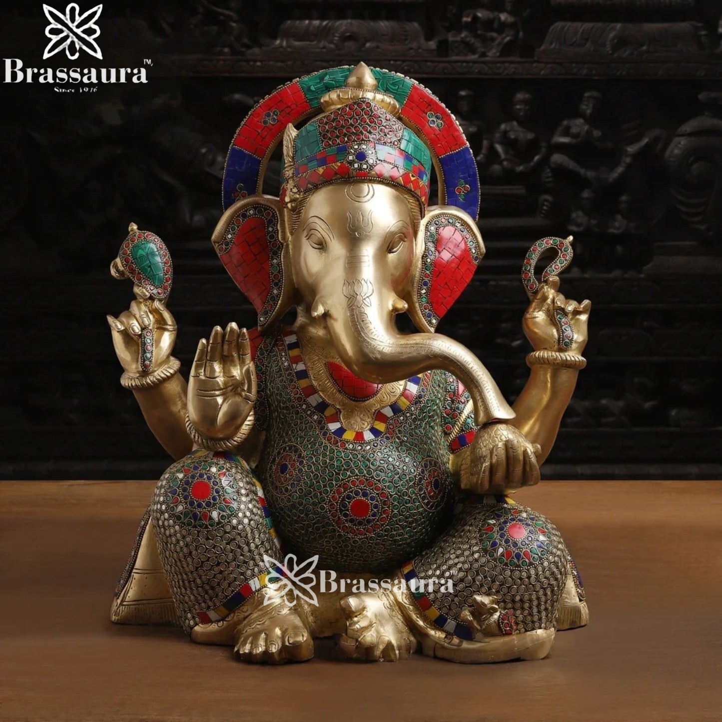 Brass Gem Stone Work Ganesha Weight 22.5 Kg & Height 18 Inch