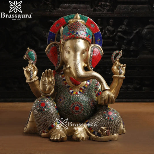 Brass Gem Stone Work Ganesha Weight 22.5 Kg & Height 18 Inch