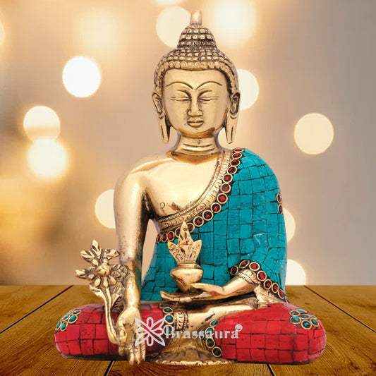 Brass Bhumisprasa Gem Stone Work Buddha Weight 1.9 kg & Height 7.5 Inch