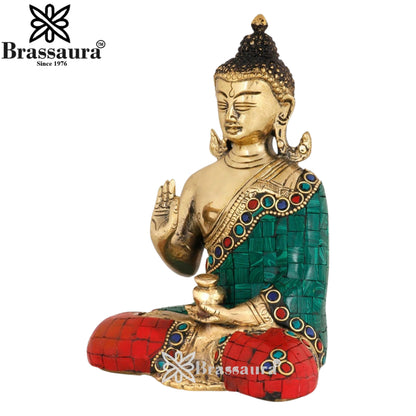 Brass Blessing Gem Stone Work Buddha Weight 1.3 kg & Height 6 Inch
