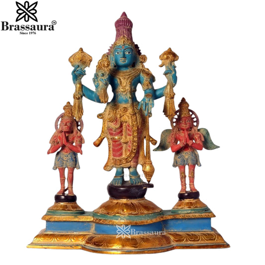 Brassaura™ Brass Vishnu Garuda & Hanuman Statue, Height 24 Inches & Weight 23.8 Kgs | Divine Gifting