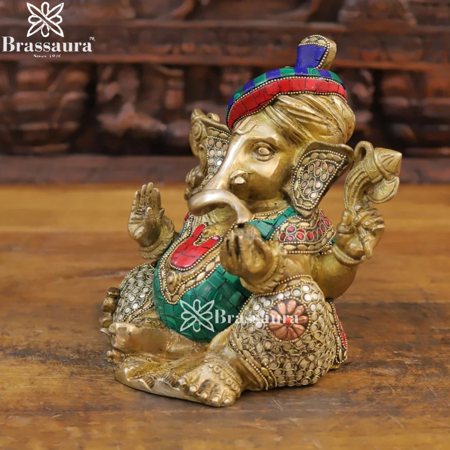 Brass Gem Stone Work Turban Ganesha Weight 5.4 Kg & Height 9 Inch