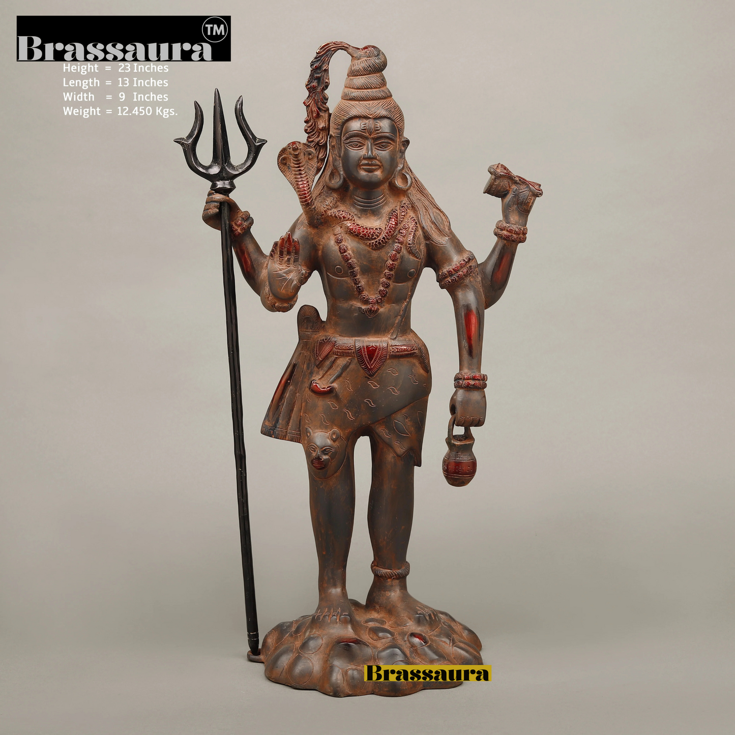 Brassaura™ Pure Brass Standing Shiva Idol – 23 Inch Height, 12.450 Kg Weight – Handcrafted Majestic Statue