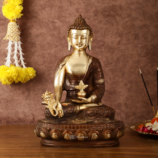 Brassaura™ Pure Brass Superfine Dual Tone Medicine Buddha Statue – Height 12.5 Inches, Weight 5.25 Kgs