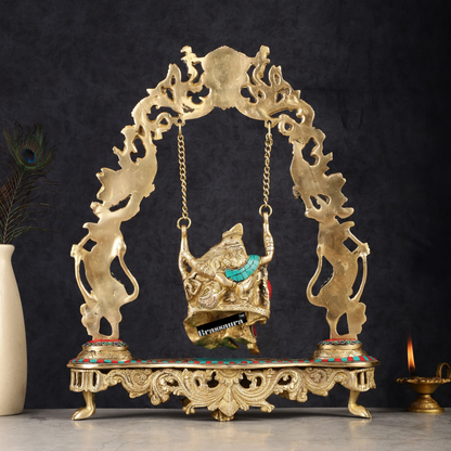 Brassaura™ Brass Radha Krishna on Swing with Natural Stones & Brass Rings – Height 18 Inches & Weight 8 Kgs | Elegant Devotional Statue