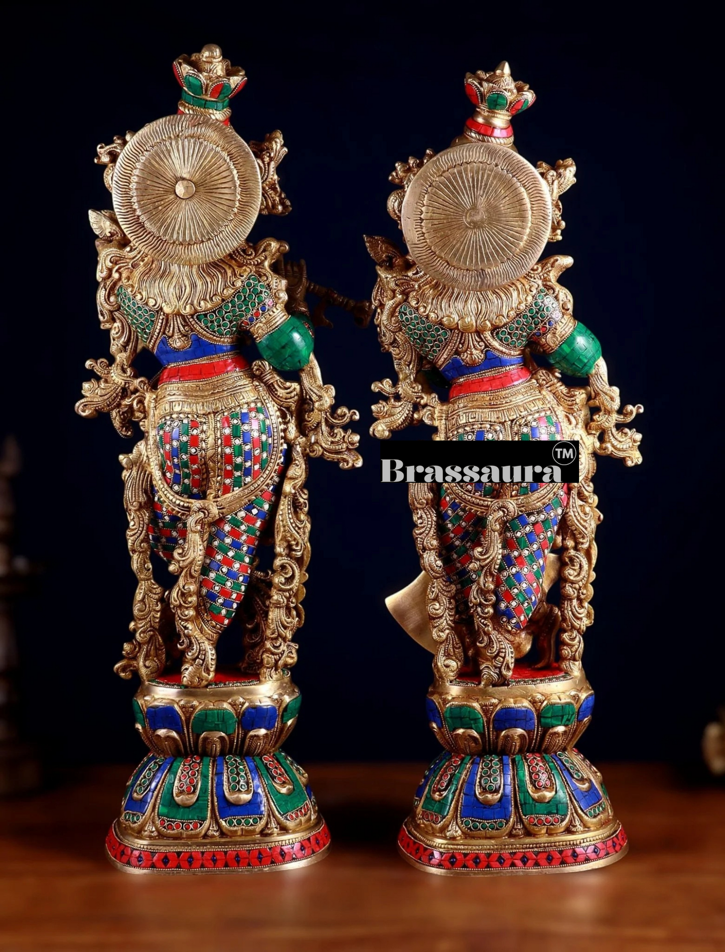 Brassaura™ Handcrafted Brass Radha Krishna Idol Pair with Meenakari – Height 29.5 & 29 Inches & Weight 33 Kgs | Elegant Devotional Statue