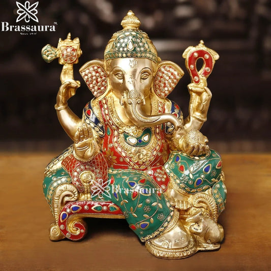 Brass Gem Stone Work Ganesha Weight 6.4 Kg & Height 12 Inch