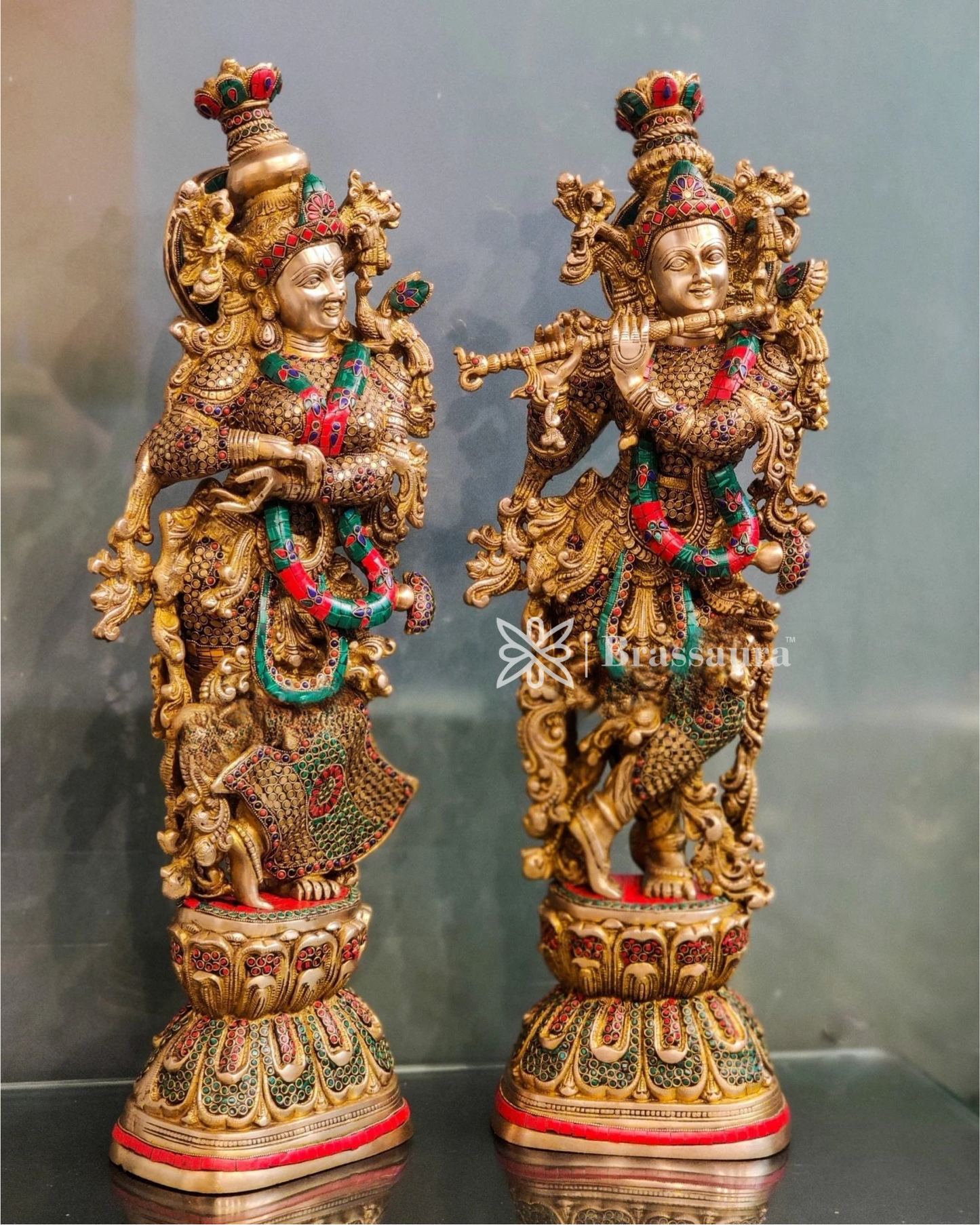 Brassaura™ Brass Gem Stone Work Radha-Krishna Statue – Height 29 Inches & Weight 34 Kgs | Spiritual Home Accent