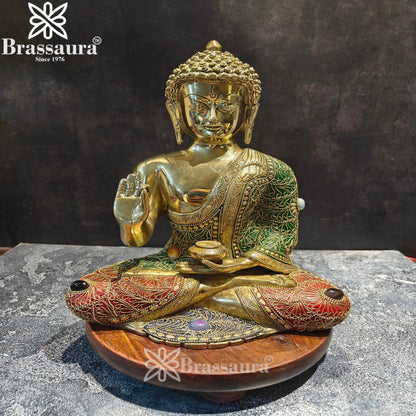 Brass Blessing Gem Stone Work Buddha Weight 5.8 kg & Height 12 Inch
