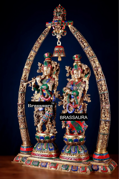 Brassaura™ Brass Radha Krishna Temple Arch with Krishna Leelas & Meenakari – Arch Height 45 Inches & Total Weight 70 Kgs | Elegant Devotional Masterpiece