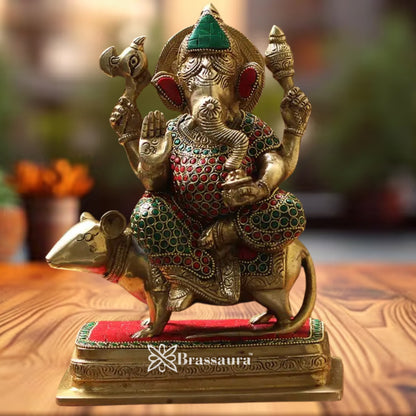 Brass Gem Stone Ganesha On Rat Statue Weight 4 Kg & Height 10 Inch