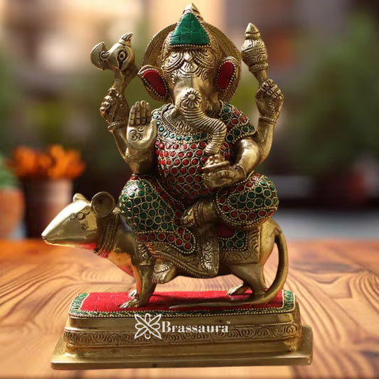 Brass Gem Stone Ganesha On Rat Statue Weight 4 Kg & Height 10 Inch