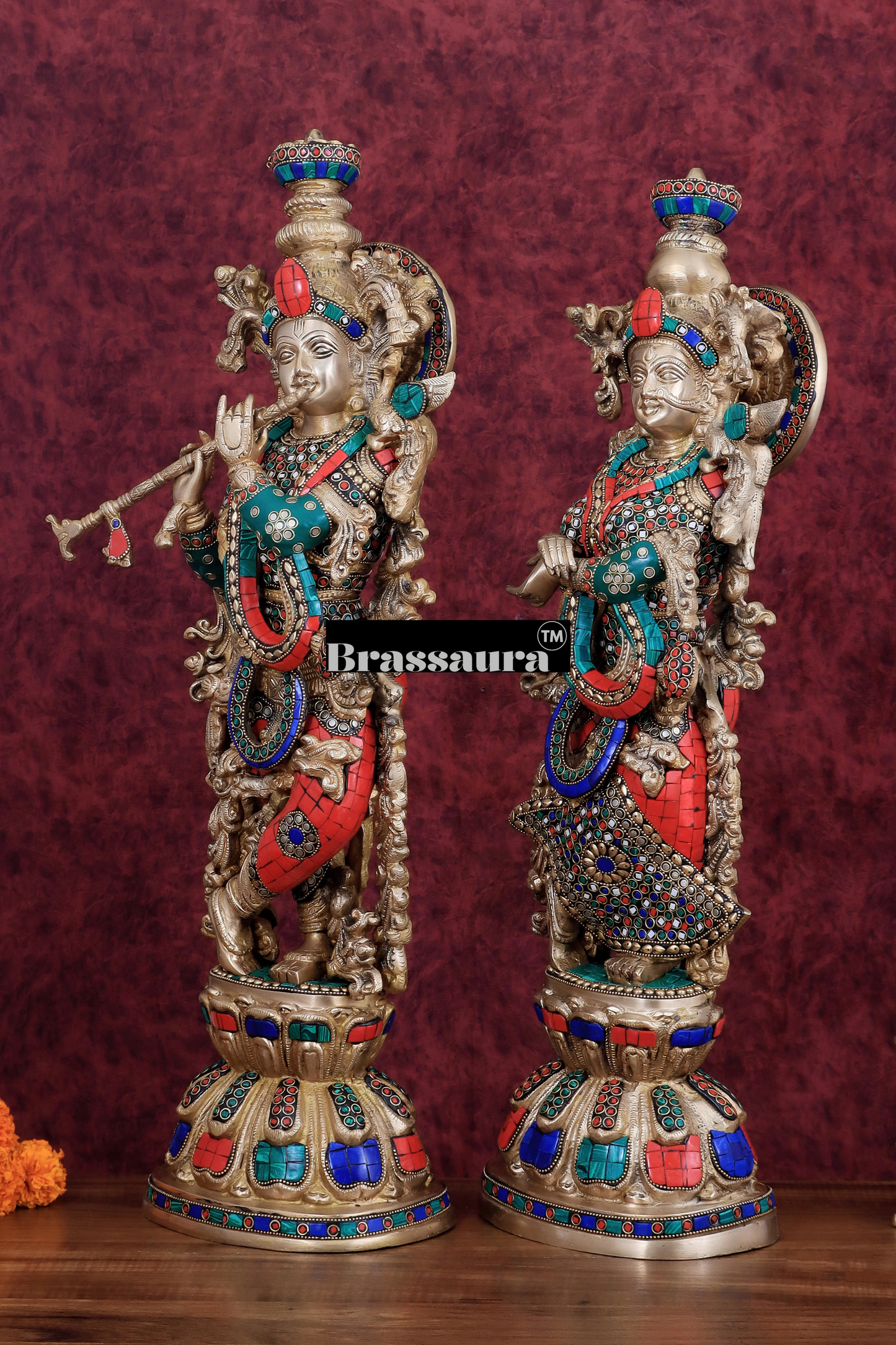 Brassaura™ Brass Radha Krishna Idol Pair with Double-Layered Meenakari – Height 25.5 Inches & Weight 25 Kgs | Elegant Devotional Statue