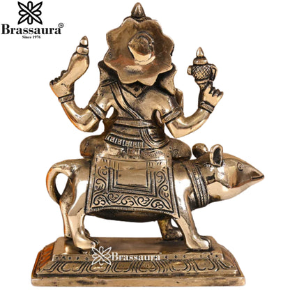 Brass Ganesha On Rat Statue Weight 2 Kg & Height 7 Inch