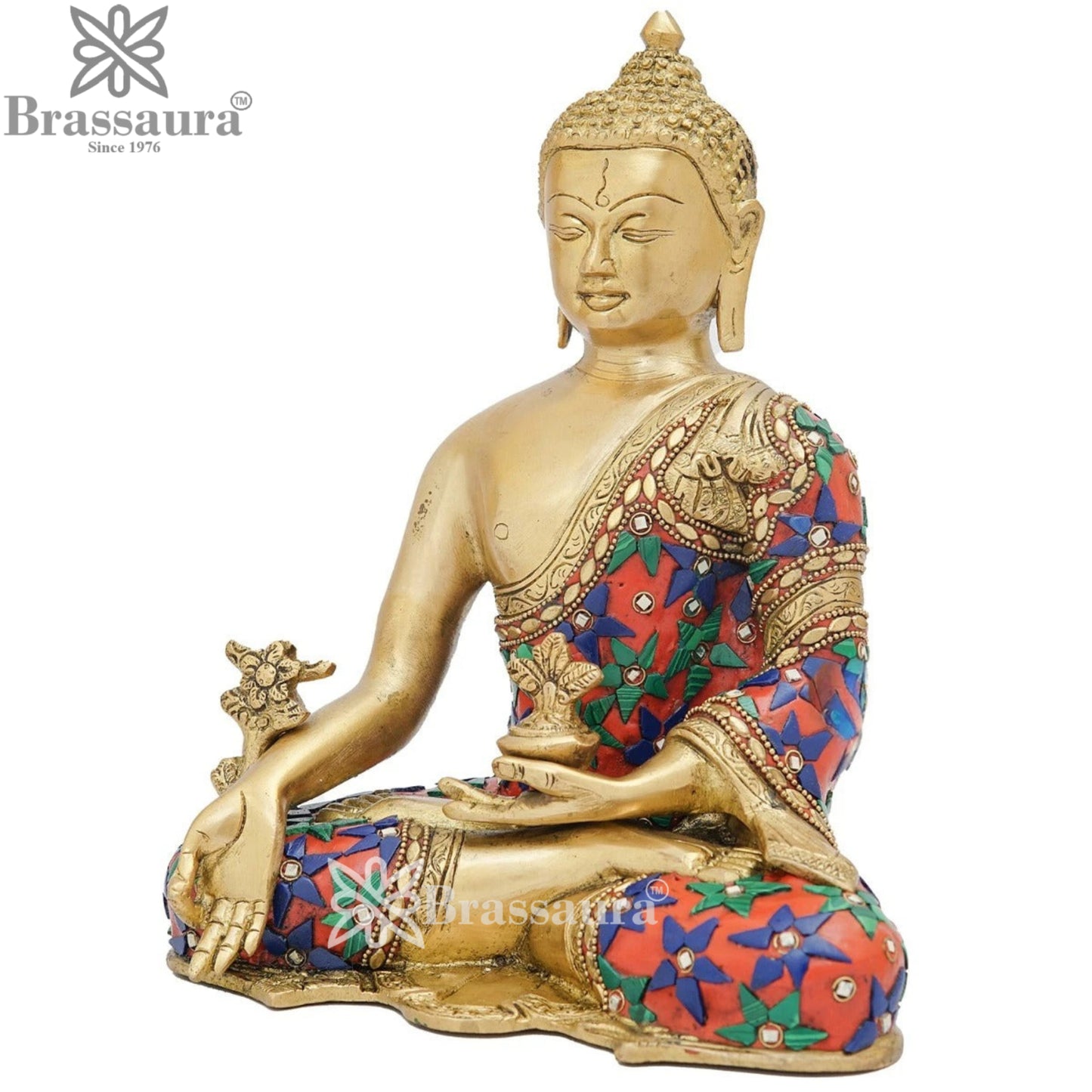 Brass Bhumisprasa Gem Stone Work Multicolored Buddha Weight 4.2 kg & Height 10 Inch