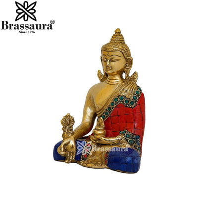 Brass Bhumisprasa Gem Stone Work Buddha Weight 1.1 kg & Height 6 Inch