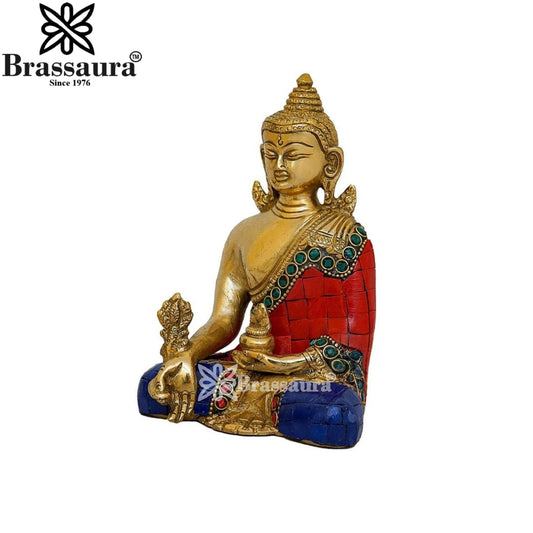 Brassaura® Buddha Sitting in Bhumisparsha Mudra with Red & Blue Gemstone Inlay and Silver & Gold Finish | Pure Superfine Brass Handcrafted Murti | Brass Statue for Home Temple, Pooja Room | Height 6 Inches | Weight 1.1 Kgs