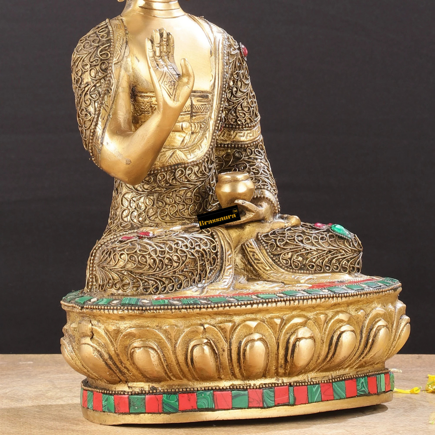 Brassaura™ Brass Buddha Statue with Stonework – Height 12 Inches & Weight 5.5 Kgs
