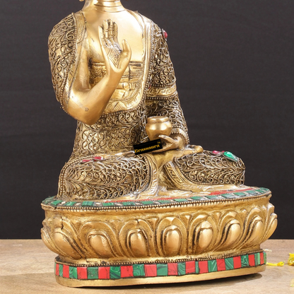 Brassaura™ Brass Buddha Statue with Stonework – Height 12 Inches & Weight 5.5 Kgs