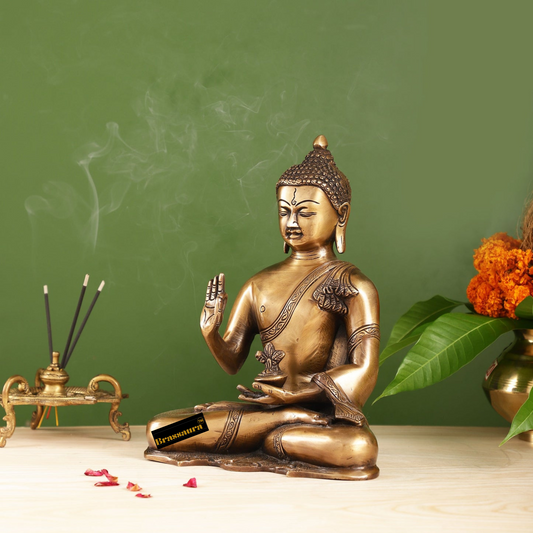 Brassaura™ Smooth Matte Gold Brass Buddha Statue – Abhaya Mudra – Height 10.5 Inches, Weight 5.5 Kgs