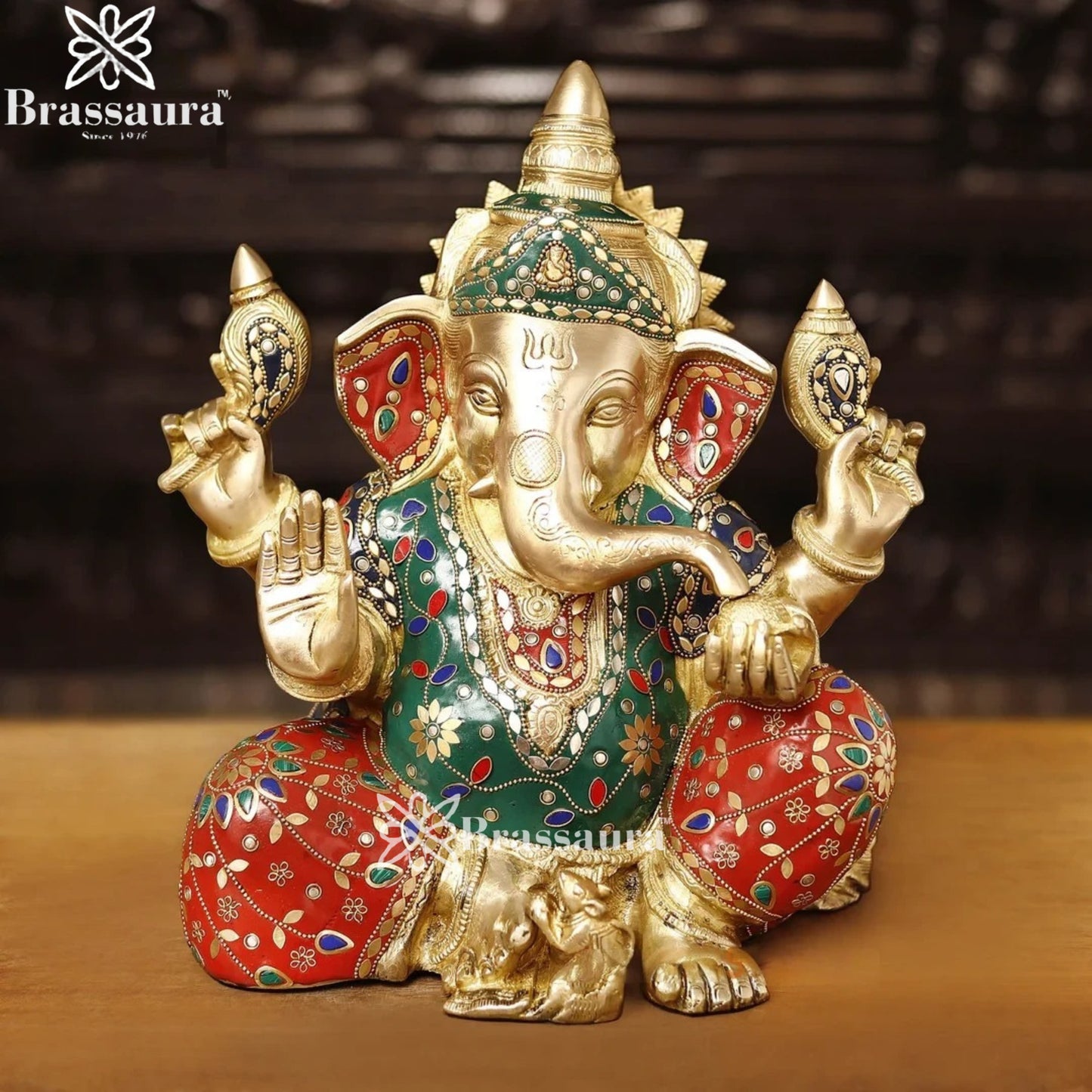 Brass Gem Stone Work Ganesha Weight 11.6 Kg & Height 13.5 Inch