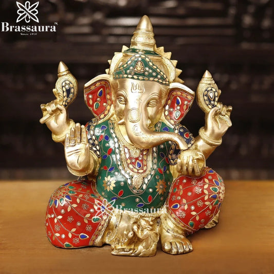 Brass Gem Stone Work Ganesha Weight 11.6 Kg & Height 13.5 Inch