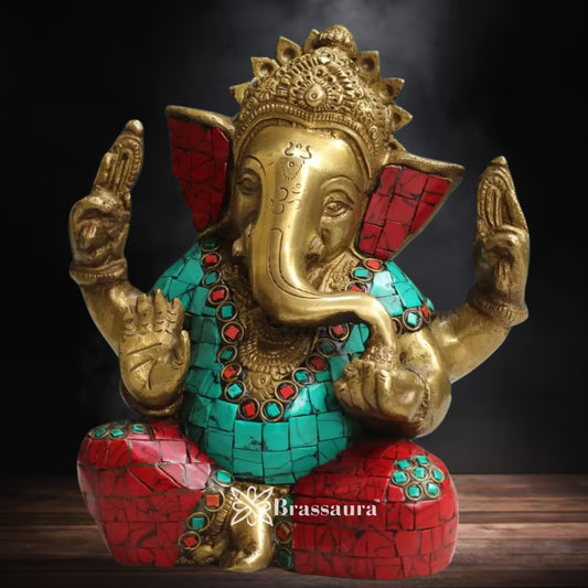 Brass Gem Stone Work Ganesha Statue Weight 2.3 Kg & Height 6.5 Inch