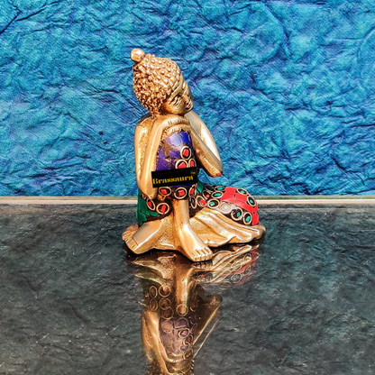 Brassaura™ Brass Thinking Buddha Statue – Height 4 Inches | Weight 0.6 Kgs | Meenakari Stonework