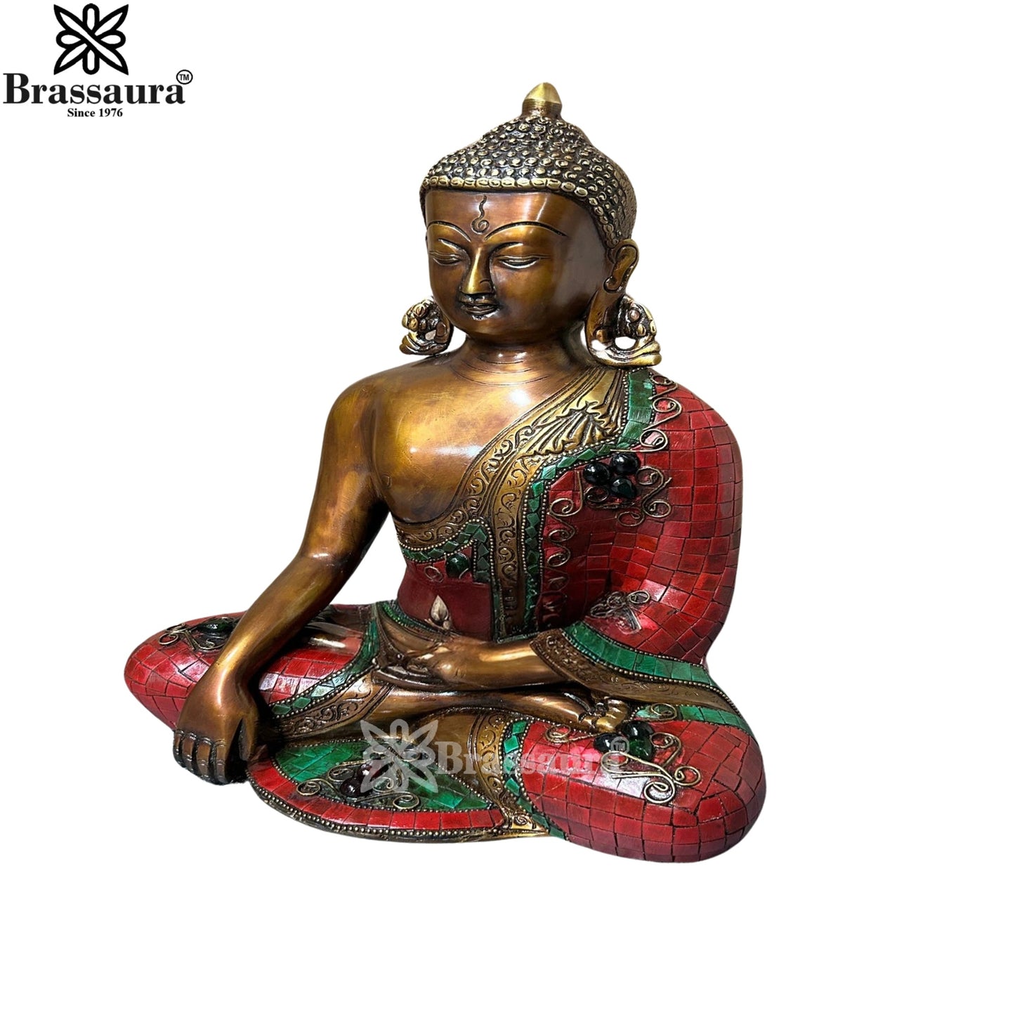 Brass Bhumisprasa Gem Stone Work Buddha Weight 6.4 kg & Height 12.5 Inch