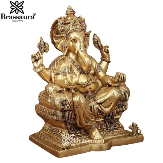 ब्रेसौरा® भगवान गणेश सिंहासन पर बैठे | अति उत्तम पीतल की मूर्ति | ऊंचाई 18 इंच