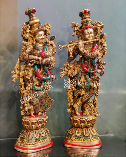 Brassaura™ Handcrafted Brass Radha Krishna Idol Pair with Double-Layered Meenakari – Height 29 & 28 Inches & Weight 33 Kgs | Elegant Devotional Statue
