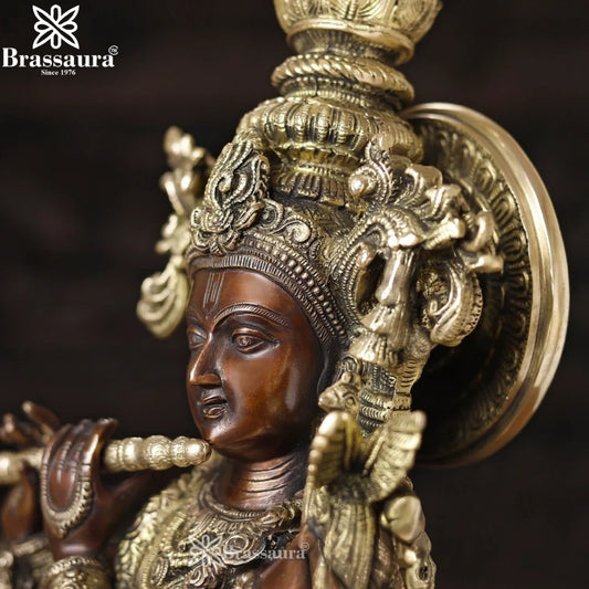 Brassaura® Lord Krishna Playing Flute with Cow Idol with Copper & Golden Finish | Pure Superfine Brass Handcrafted Murti | Brass Statue for Home Temple, Pooja Room | Height 28 Inches | Weight 34.6 Kgs