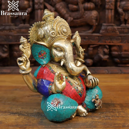 Brass Gem Stone Work Ganesha Weight 9.12 Kg & Height 12 Inch