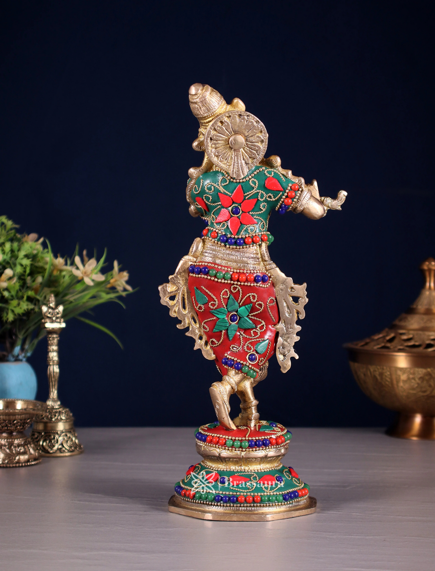 BrassAura™ Unique Brass Krishna Statue – Floral Stonework Design | Height 9.5 Inch | Weight 2 Kg