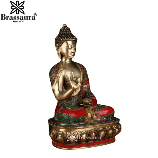 Brassaura® Buddha Sitting in Blessing Mudra Idol with Red & Green Gem Stone Work and Antique Gold Finish | Pure Superfine Brass Handcrafted Murti | Brass Statue for Home Temple, Pooja Room | Height 17 Inches | Weight 11.2 Kgs