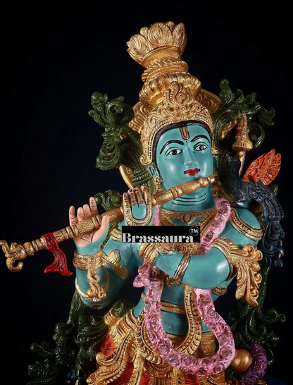 Brassaura™ Pure Brass Hand-Painted Lord Krishna with Cow Statue – Height 29 Inches & Weight 35 Kgs