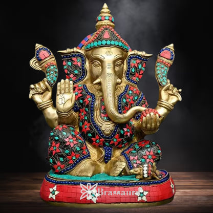 Brass Gem Stone Work Ganesha Statue Weight 11 Kg And Height 13.7 Inch