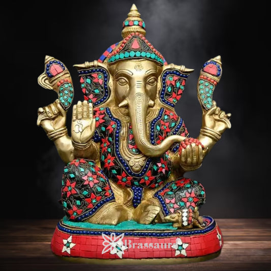 Brass Gem Stone Work Ganesha Statue Weight 11 Kg And Height 13.7 Inch