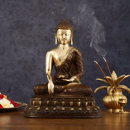 Brassaura™ Pure Brass Buddha Statue in Bhumi Nirvana Mudra – Height 10.5 Inches, Weight 3.33 Kgs