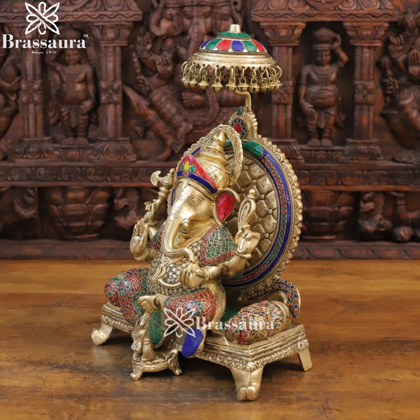 Brass Gem Stone Work Standing Ganesha Weight 14.54 Kg & Height 18 Inch